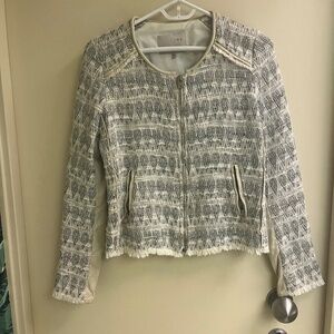 Gorgeous Iro Moto jacket - white and silver brocade with leather trim.
